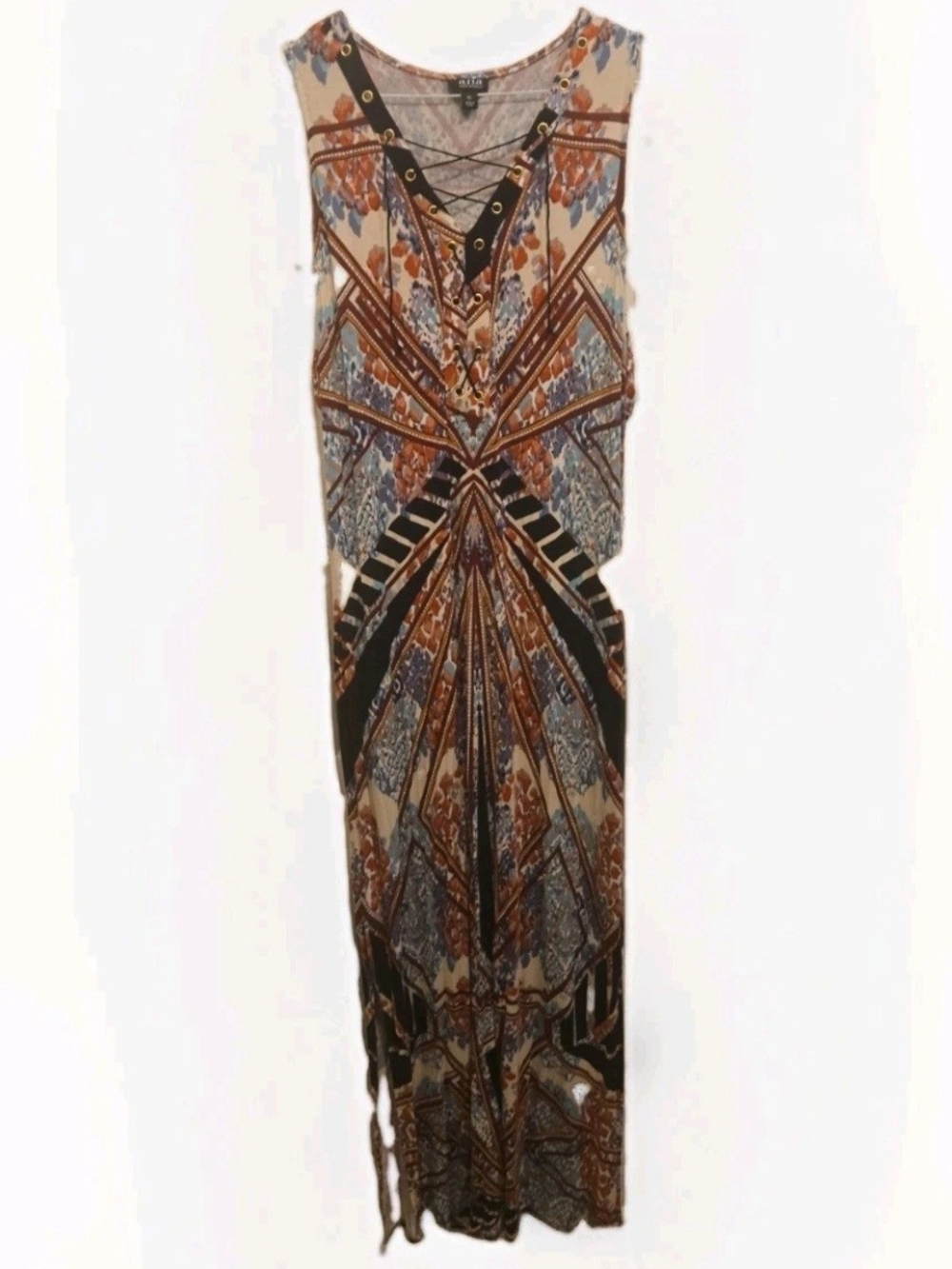 Boho Lace-Up Geometric Maxi Dress in Multicolor